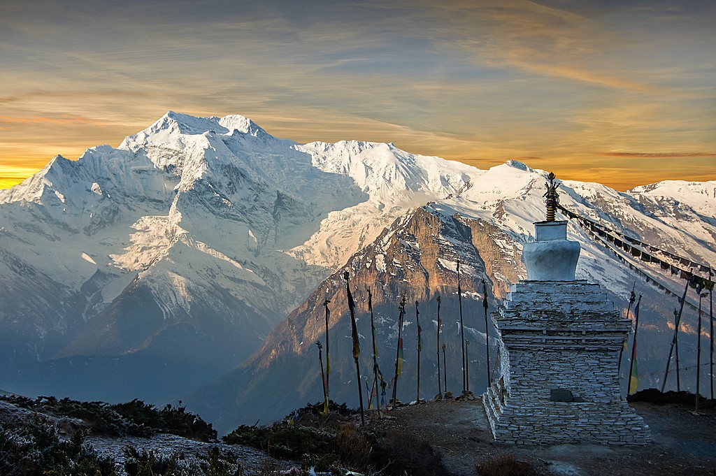 The photo was taken during the trek around the Annapurna mountains in the Himalayas of Nepal. The picture was taken in the morning at sunrise photographed peak of Mount Annapurna 2.